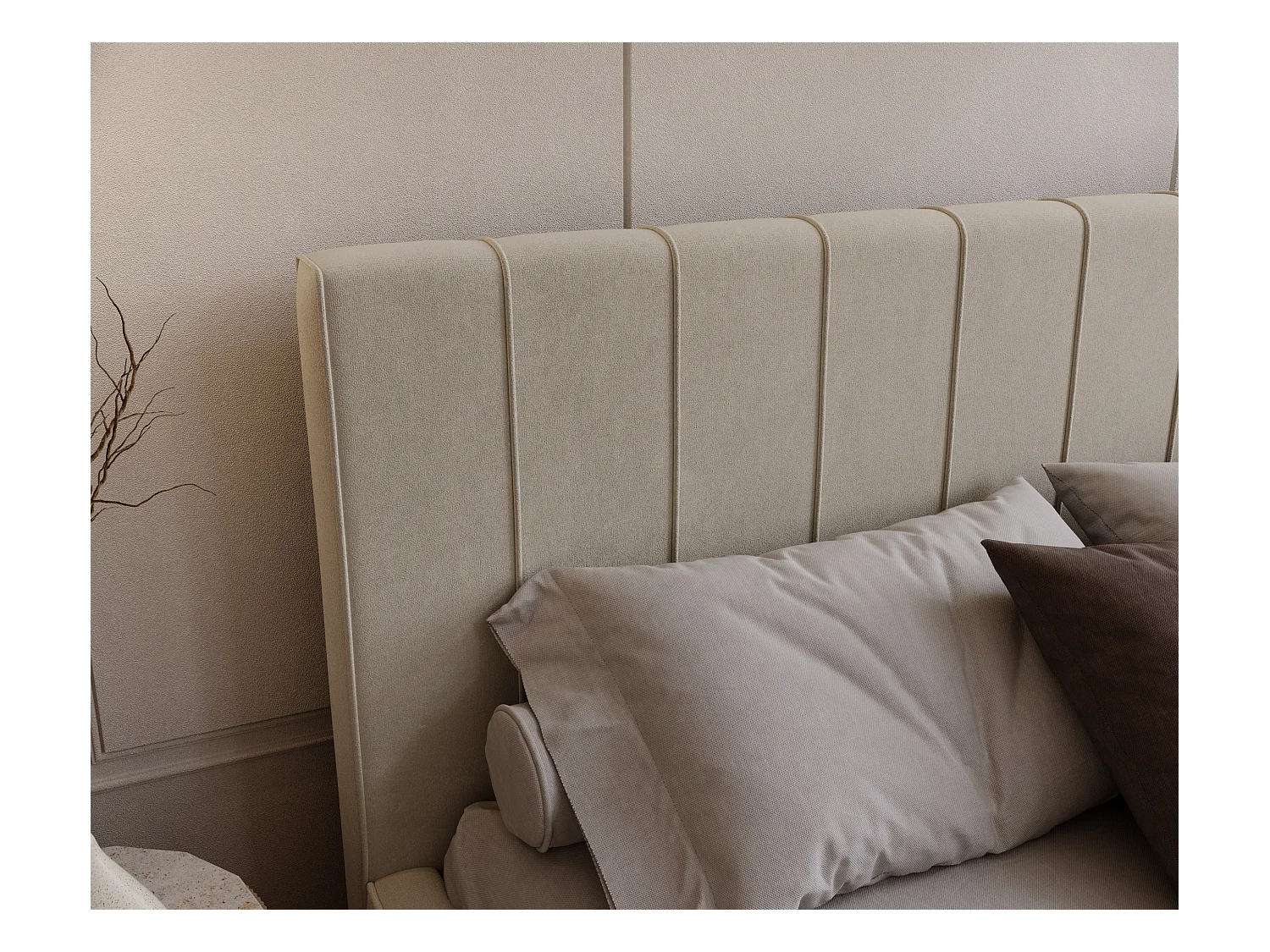 BESILIO Stylowe łóżko tapicerowane 180x200 Persea - stelaż metalowy, pojemnik na pościel, ozdobna lamówka - Beżowy