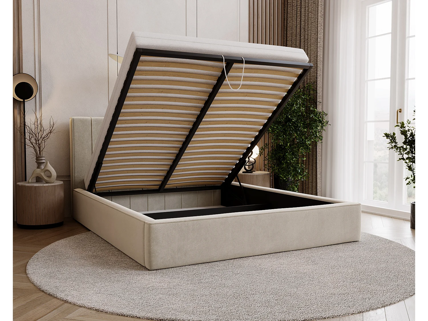 BESILIO Lit tapissé élégant 180x200 Persea – cadre en métal, coffre de rangement pour le linge de lit, passepoil décoratif – Beige