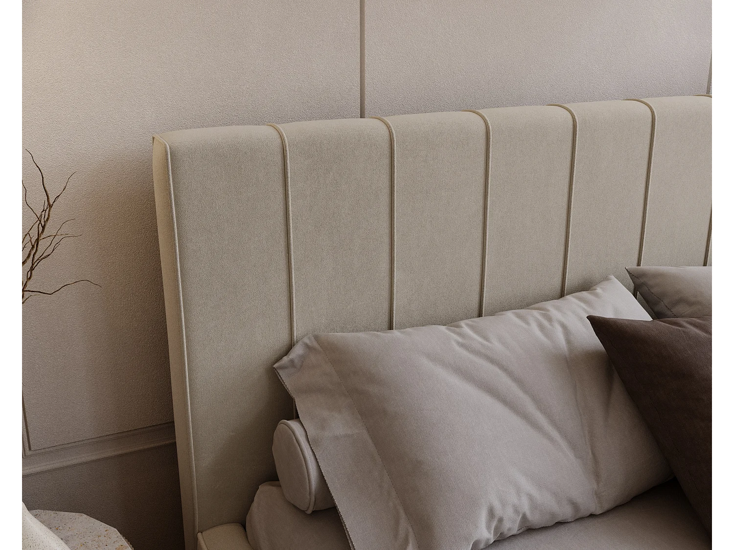 BESILIO Stylowe łóżko tapicerowane 180x200 Persea - stelaż metalowy, pojemnik na pościel, ozdobna lamówka - Beżowy