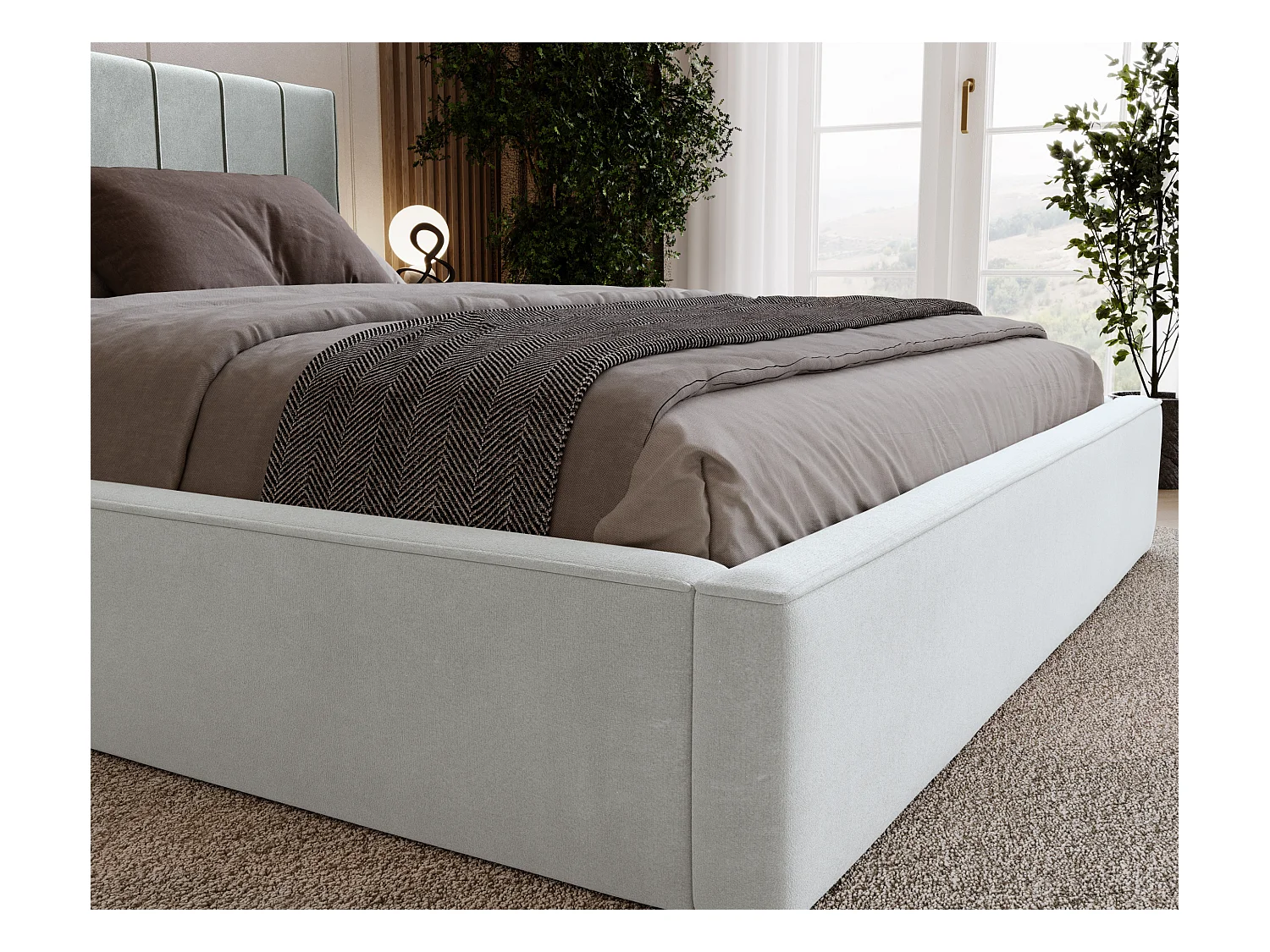 BESILIO Stylowe łóżko tapicerowane 160x200 Persea - stelaż metalowy, pojemnik na pościel, ozdobna lamówka - Jasnoszary