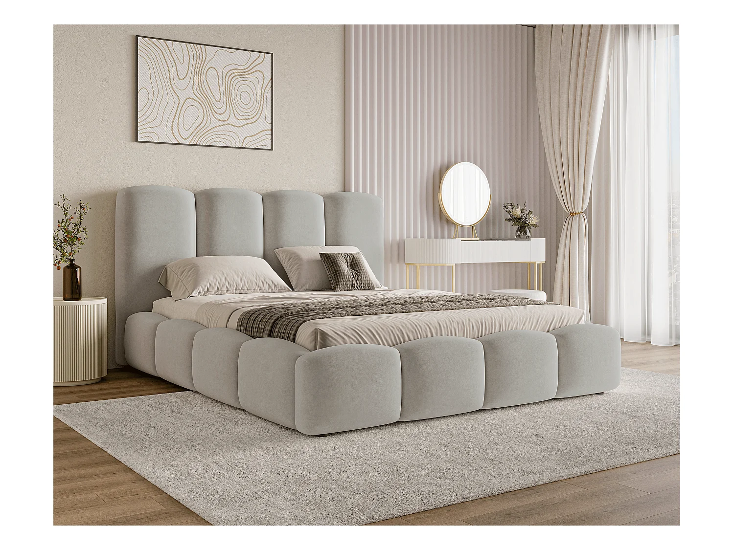 BESILIO Wolkenbed met opbergruimte en lattenbodem 200x200 Puffy – gestoffeerd fluwelen bed – Lichtgrijs