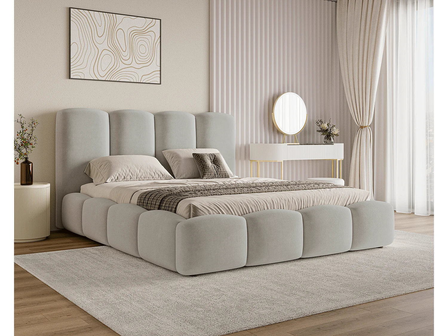 BESILIO Lit nuage avec coffre de rangement et sommier 200x200 Puffy – lit tapissé en velours – Gris clair