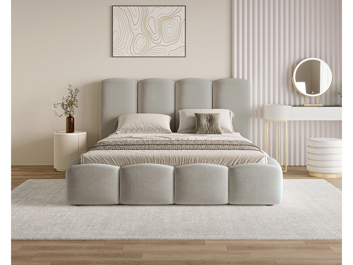 BESILIO Lit nuage avec coffre de rangement et sommier 200x200 Puffy – lit tapissé en velours – Gris clair