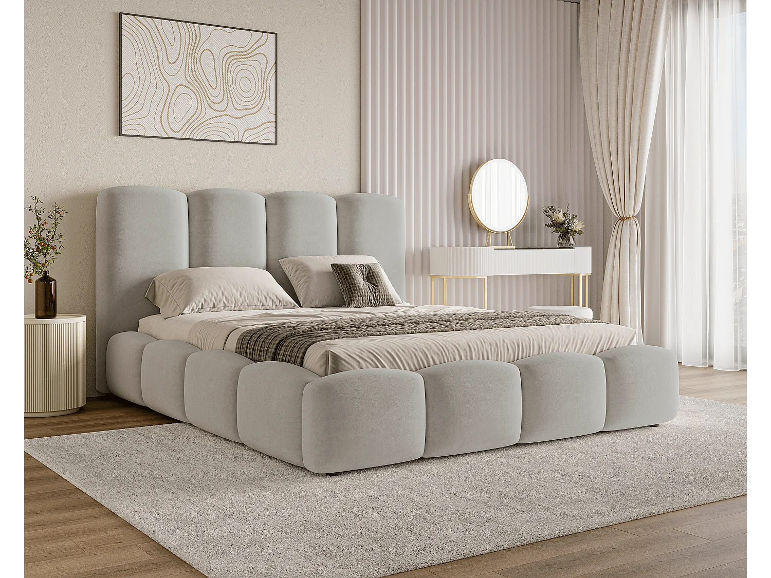 BESILIO Lit nuage avec coffre de rangement et sommier 200x200 Puffy – lit tapissé en velours – Gris clair