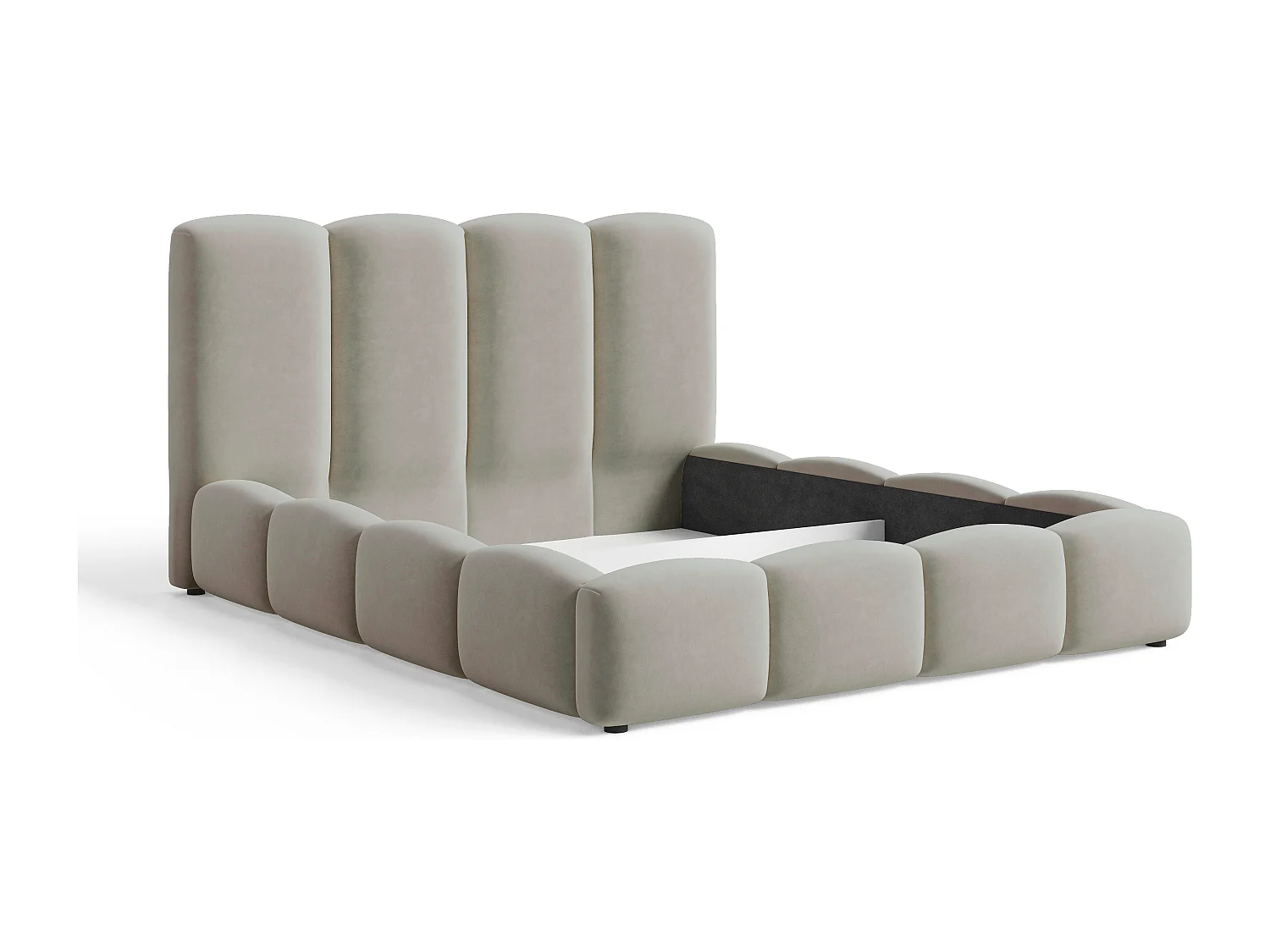 BESILIO Lit nuage avec coffre de rangement et sommier 140x200 Puffy – lit tapissé en velours – Gris clair