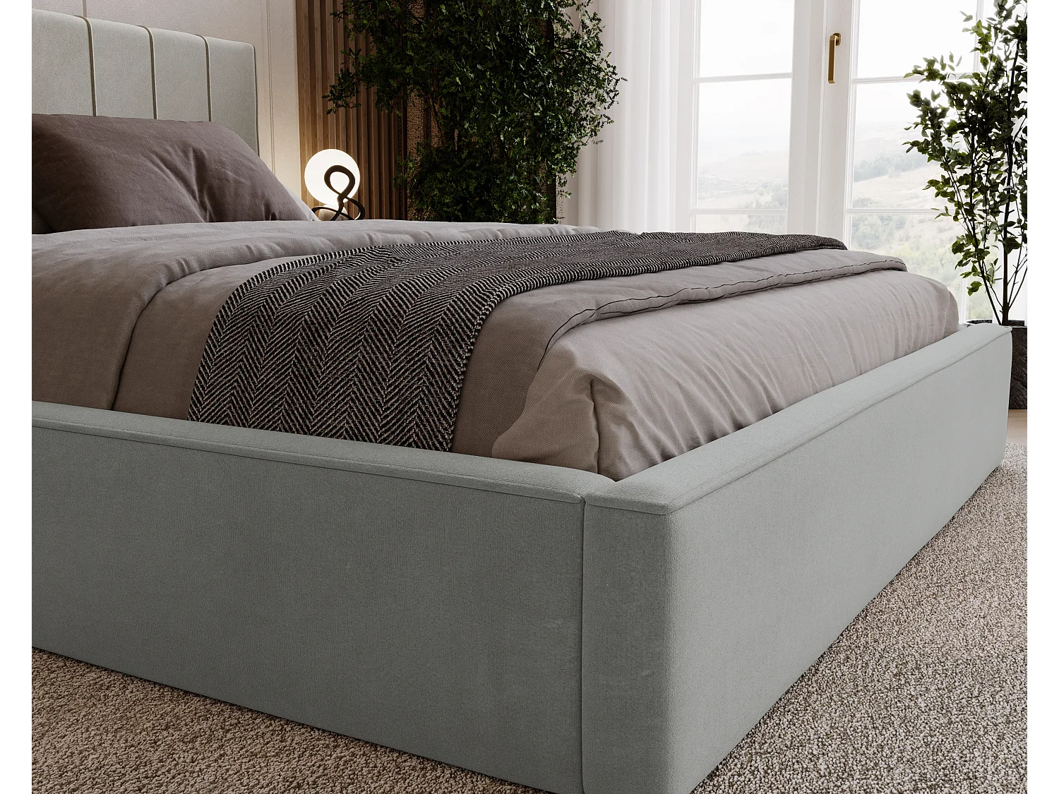 BESILIO Lit tapissé élégant 200x200 Persea – cadre en métal, coffre de rangement pour le linge de lit, passepoil décoratif – Gris