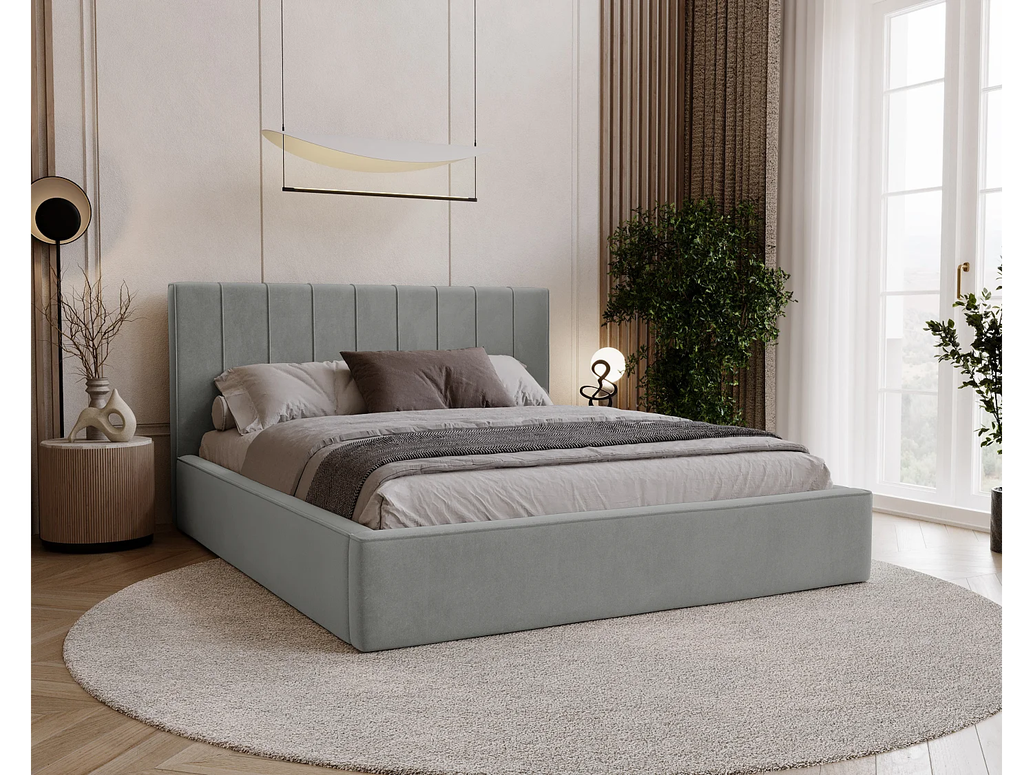 BESILIO Lit tapissé élégant 200x200 Persea – cadre en métal, coffre de rangement pour le linge de lit, passepoil décoratif – Gris