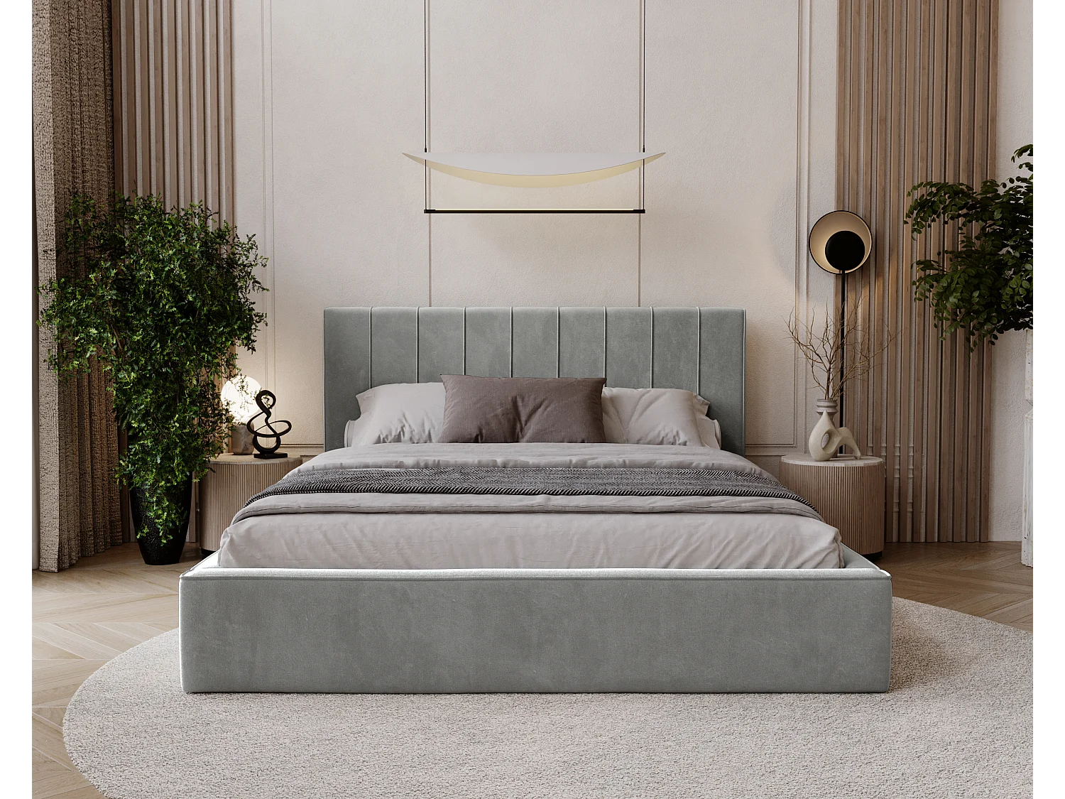 BESILIO Lit tapissé élégant 200x200 Persea – cadre en métal, coffre de rangement pour le linge de lit, passepoil décoratif – Gris