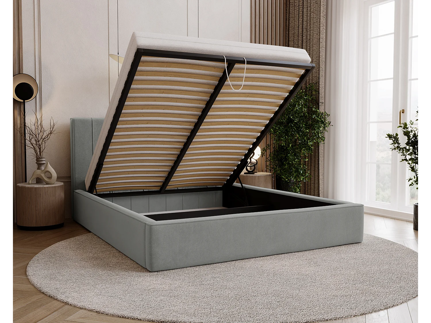 BESILIO Lit tapissé élégant 200x200 Persea – cadre en métal, coffre de rangement pour le linge de lit, passepoil décoratif – Gris