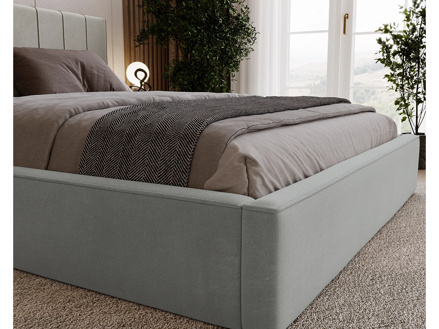 BESILIO Lit tapissé élégant 200x200 Persea – cadre en métal, coffre de rangement pour le linge de lit, passepoil décoratif – Gris