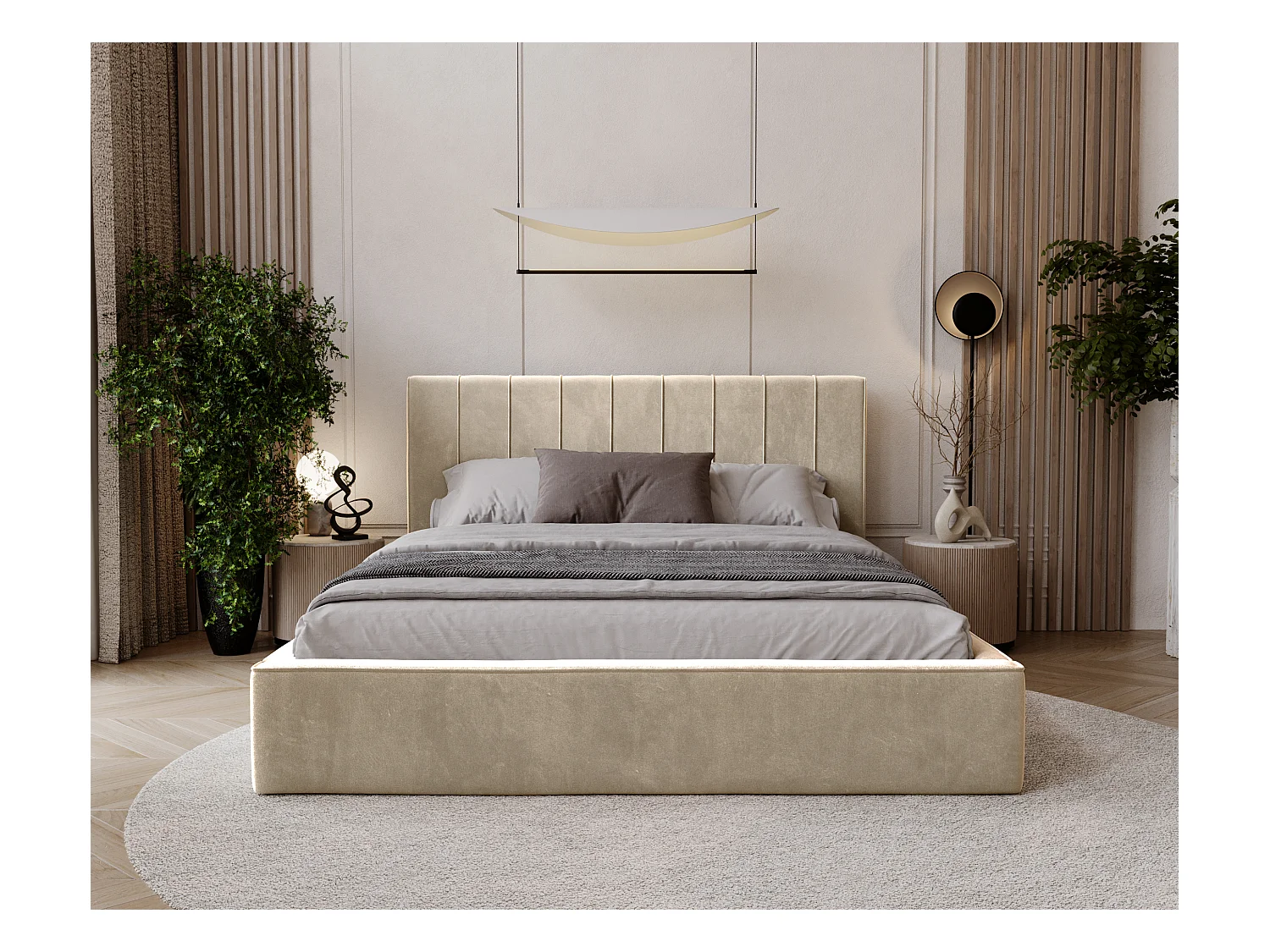 BESILIO Stylowe łóżko tapicerowane 200x200 Persea - stelaż metalowy, pojemnik na pościel, ozdobna lamówka - Kremowy