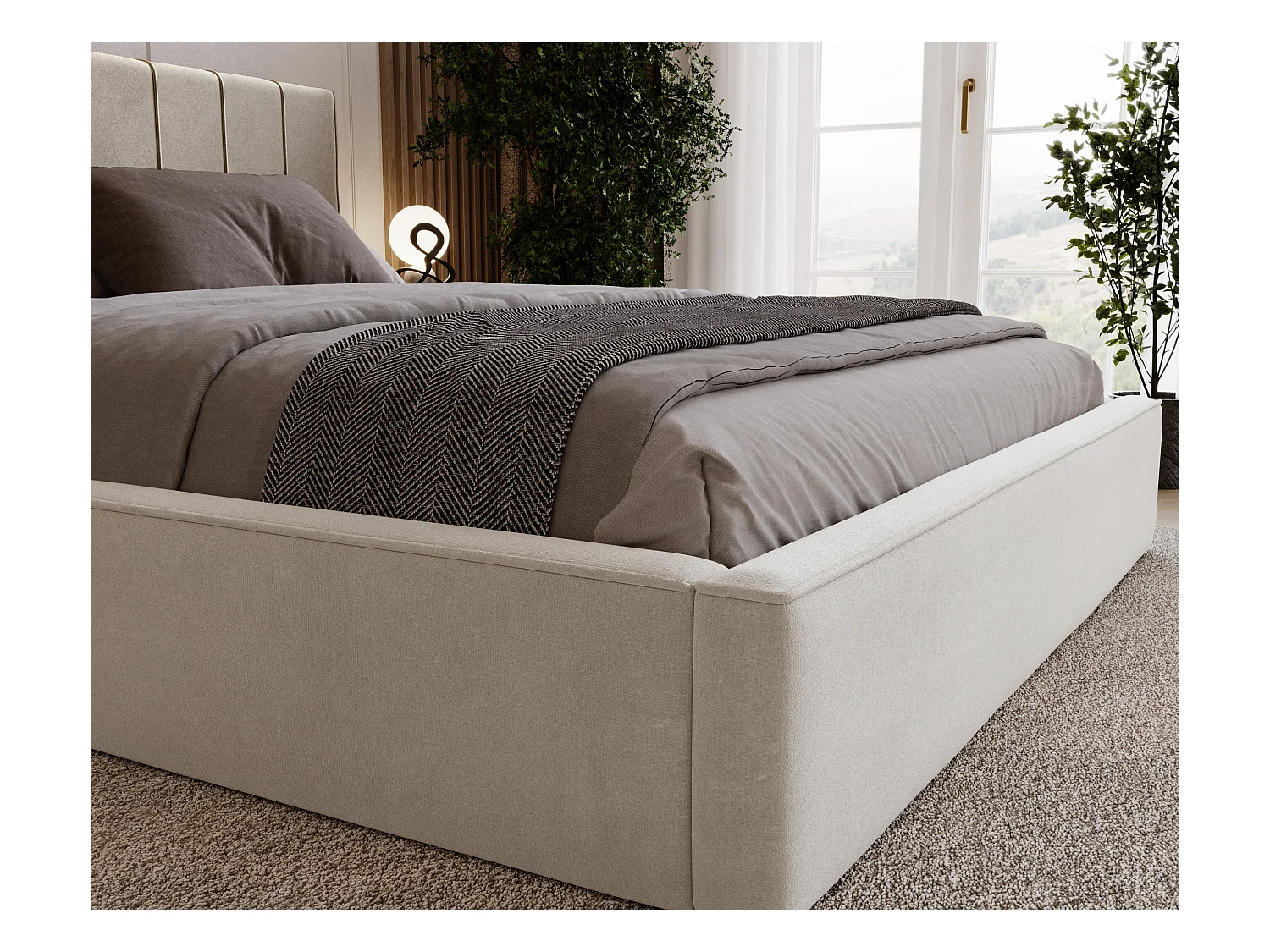 BESILIO Stylowe łóżko tapicerowane 200x200 Persea - stelaż metalowy, pojemnik na pościel, ozdobna lamówka - Beżowy