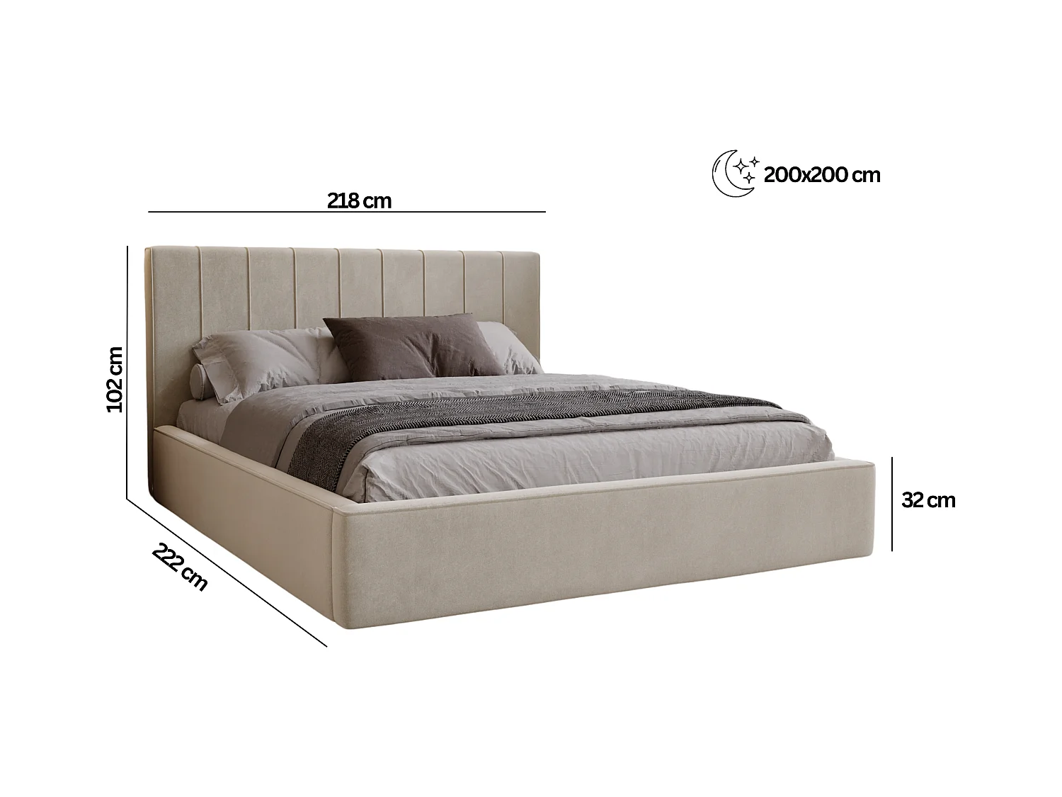 BESILIO Stylowe łóżko tapicerowane 200x200 Persea - stelaż metalowy, pojemnik na pościel, ozdobna lamówka - Beżowy
