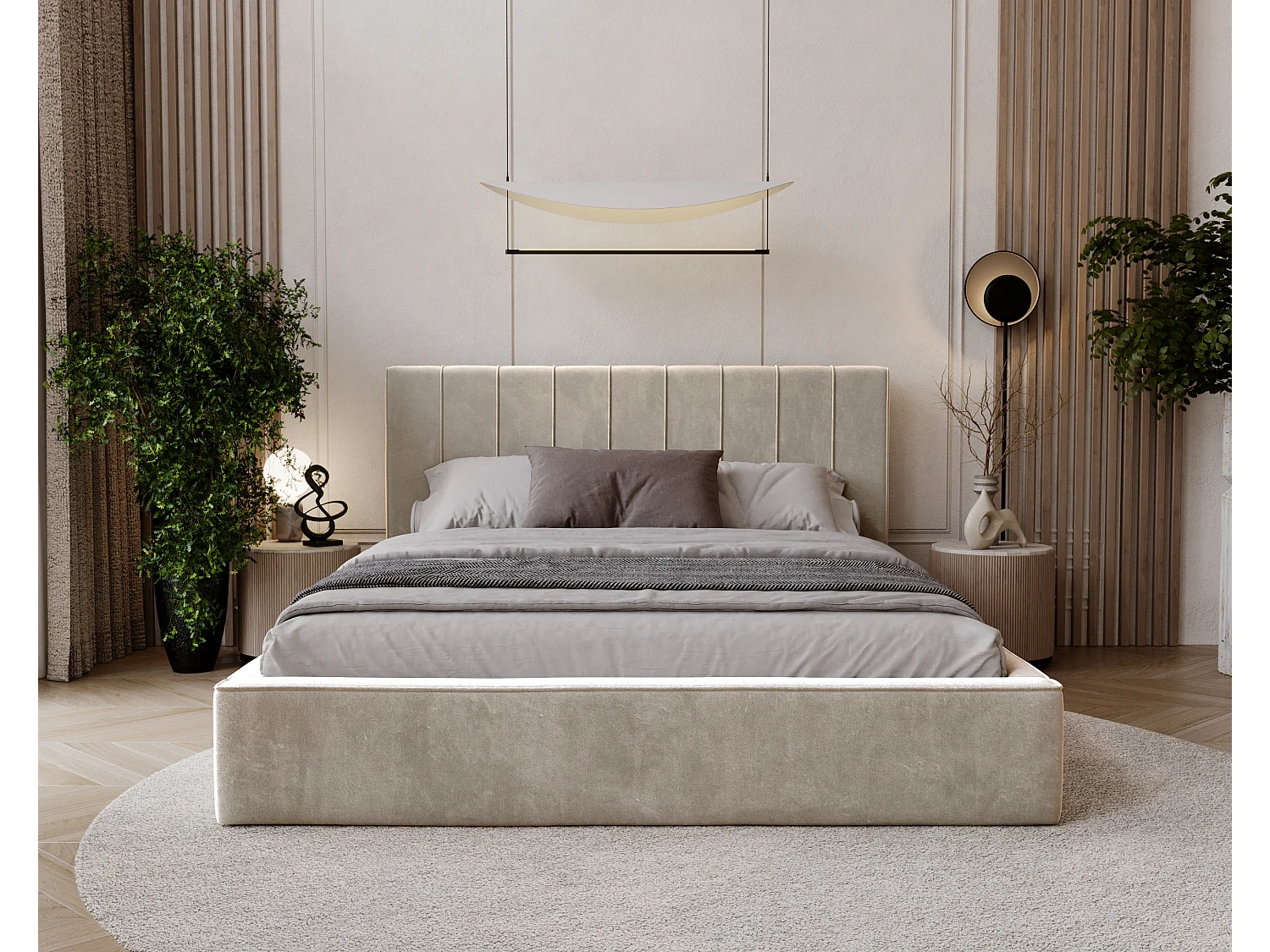 BESILIO Lit tapissé élégant 200x200 Persea – cadre en métal, coffre de rangement pour le linge de lit, passepoil décoratif – Beige