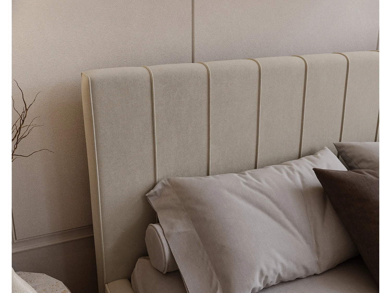 BESILIO Lit tapissé élégant 200x200 Persea – cadre en métal, coffre de rangement pour le linge de lit, passepoil décoratif – Beige