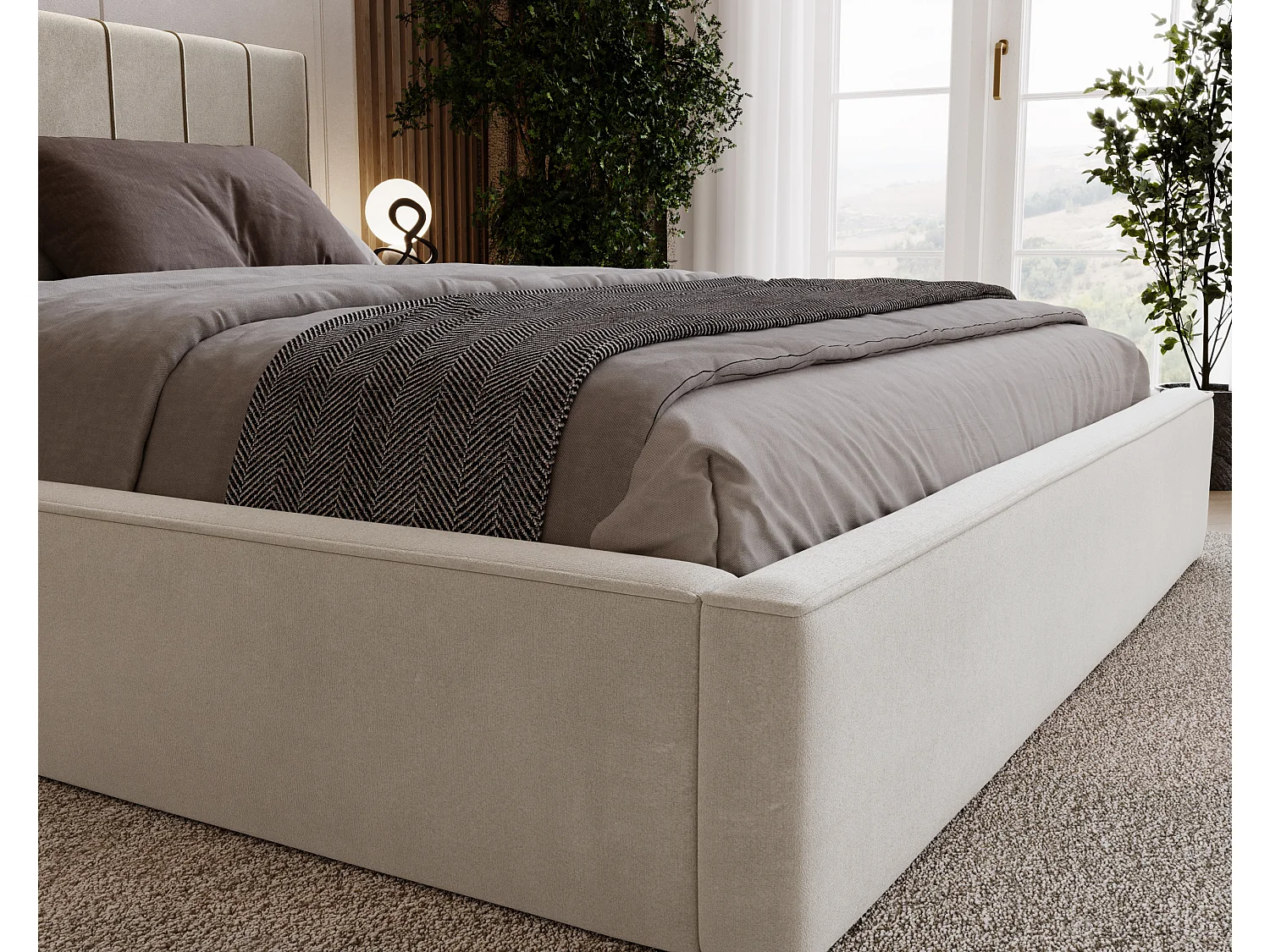 BESILIO Lit tapissé élégant 200x200 Persea – cadre en métal, coffre de rangement pour le linge de lit, passepoil décoratif – Beige