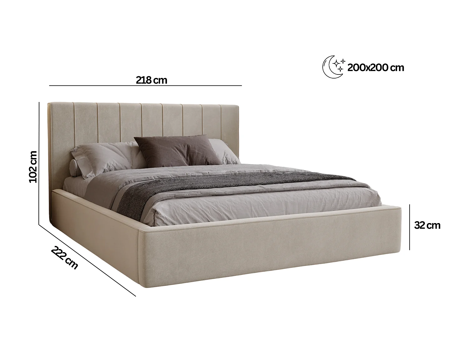 BESILIO Lit tapissé élégant 200x200 Persea – cadre en métal, coffre de rangement pour le linge de lit, passepoil décoratif – Beige