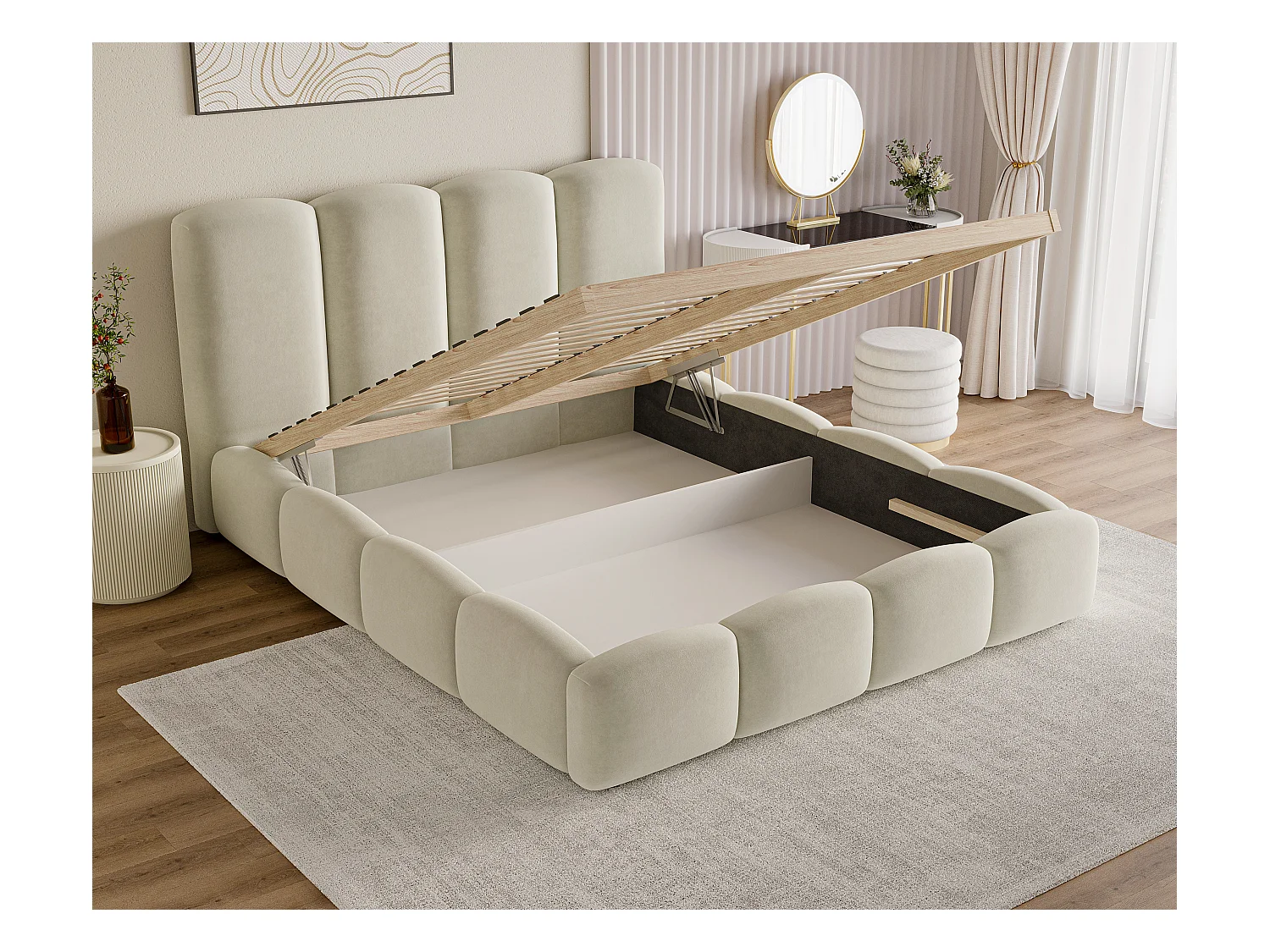 BESILIO Wolkenbed met opbergruimte en lattenbodem 140x200 Puffy – gestoffeerd fluwelen bed – Bruin