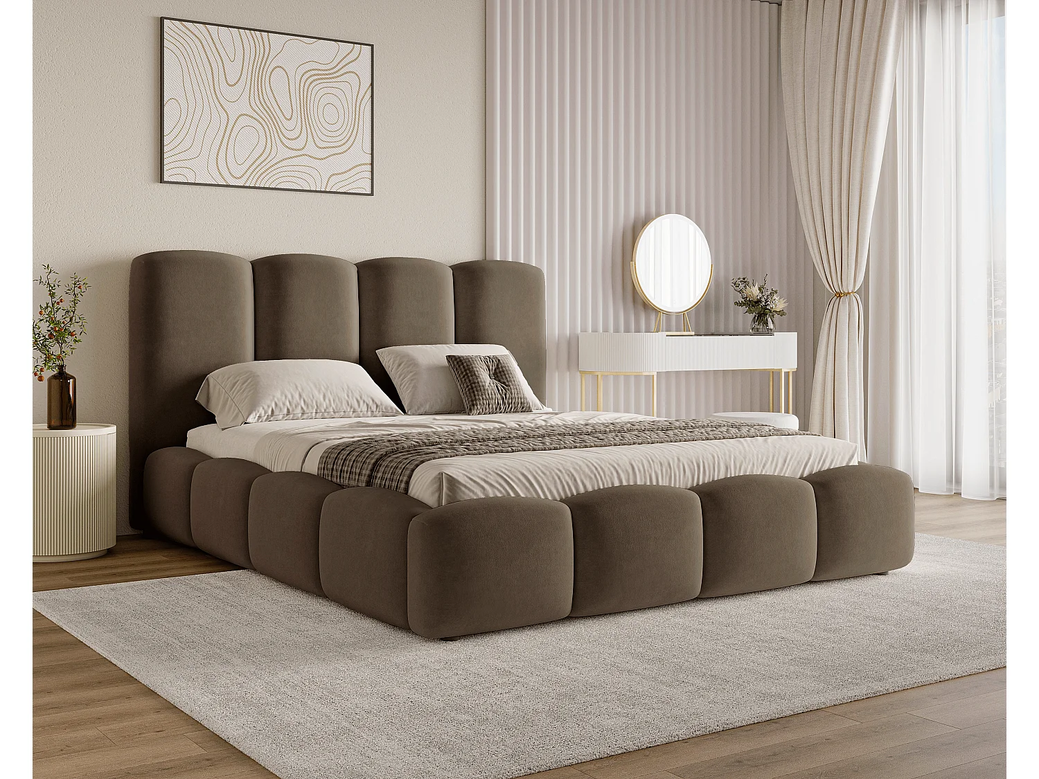 BESILIO Lit nuage avec coffre de rangement et sommier 140x200 Puffy – lit tapissé en velours – Marron