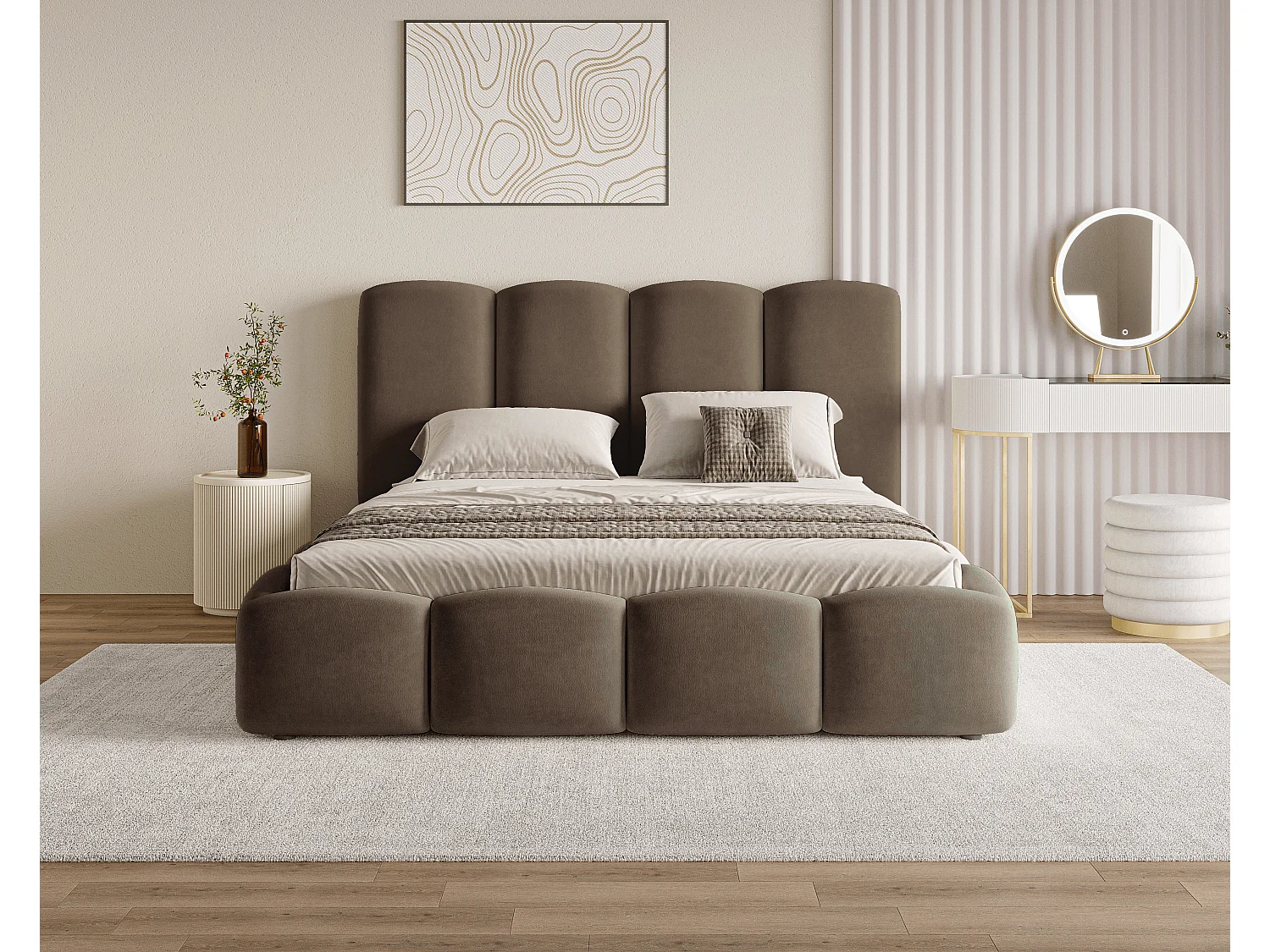 BESILIO Lit nuage avec coffre de rangement et sommier 140x200 Puffy – lit tapissé en velours – Marron