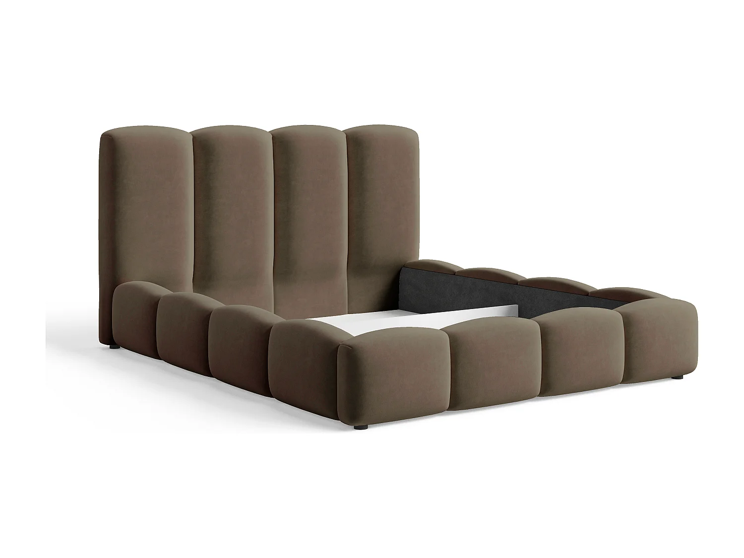 BESILIO Lit nuage avec coffre de rangement et sommier 140x200 Puffy – lit tapissé en velours – Marron