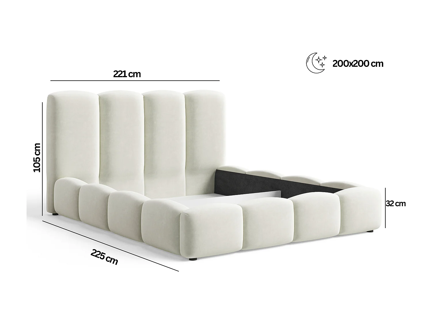 BESILIO Lit nuage avec coffre de rangement et sommier 140x200 Puffy – lit tapissé en velours – Marron
