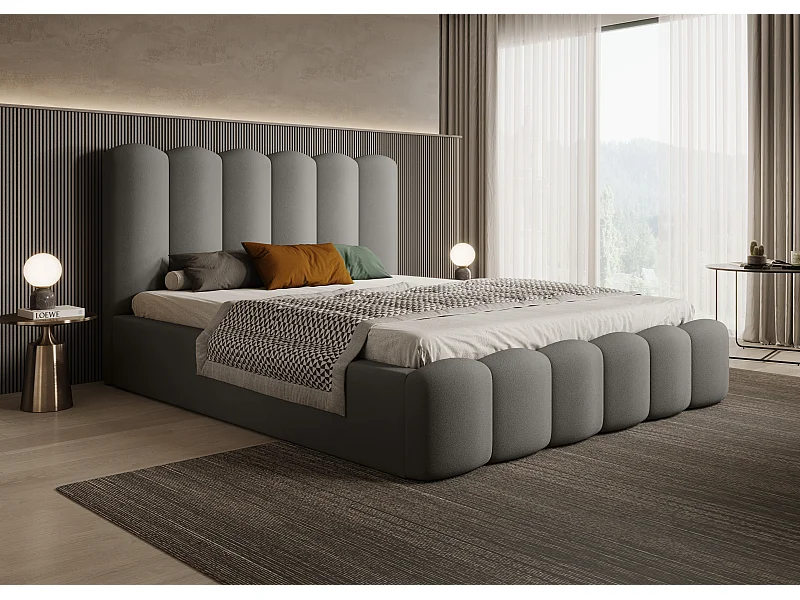 BESILIO Lit tapissé avec coffre de rangement et sommier 180x200 Tessa – lit en velours pour la chambre – Gris