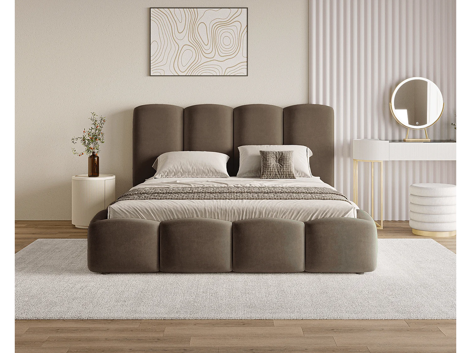 BESILIO Wolkenbed met opbergruimte en lattenbodem 160x200 Puffy – gestoffeerd fluwelen bed – Bruin