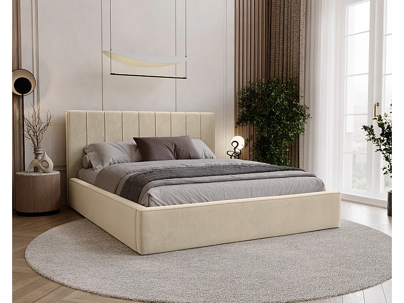 BESILIO Lit tapissé élégant 120x200 Persea – cadre en métal, coffre de rangement pour le linge de lit, passepoil décoratif – Crème