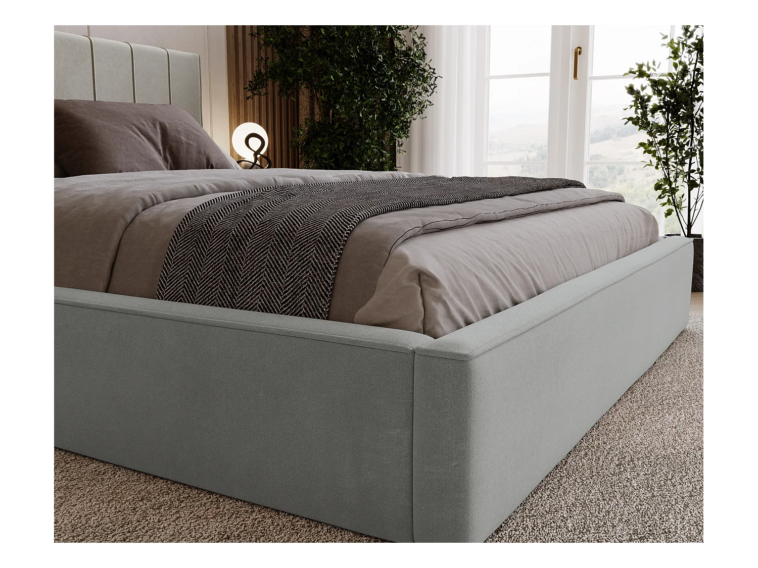 BESILIO Stylowe łóżko tapicerowane 160x200 Persea - stelaż metalowy, pojemnik na pościel, ozdobna lamówka - Szary
