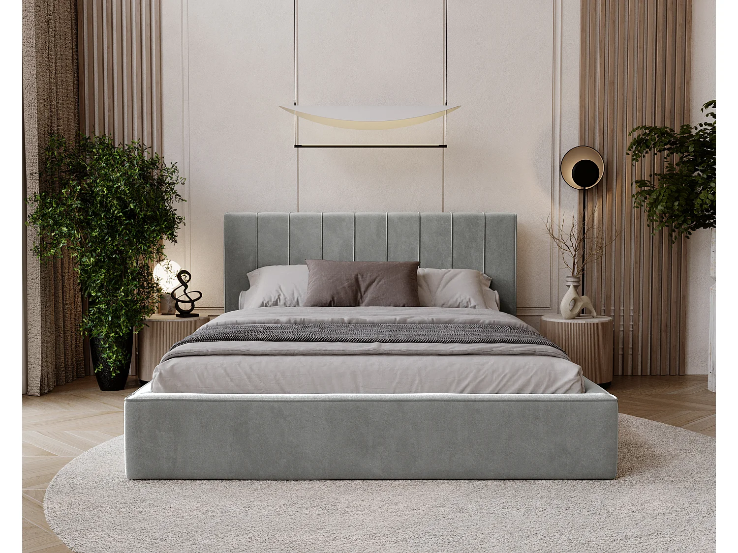 BESILIO Lit tapissé élégant 160x200 Persea – cadre en métal, coffre de rangement pour le linge de lit, passepoil décoratif – Gris