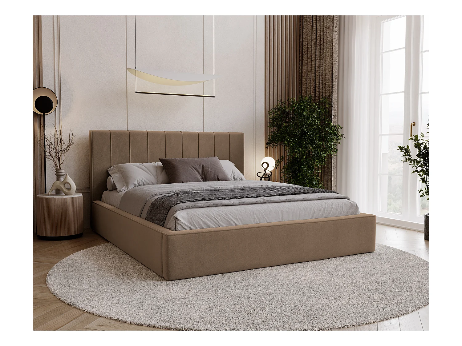 BESILIO Stylowe łóżko tapicerowane 200x200 Persea - stelaż metalowy, pojemnik na pościel, ozdobna lamówka - Brązowy