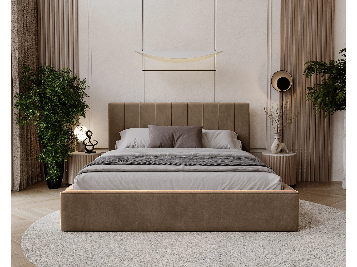 BESILIO Lit tapissé élégant 200x200 Persea – cadre en métal, coffre de rangement pour le linge de lit, passepoil décoratif – Marron