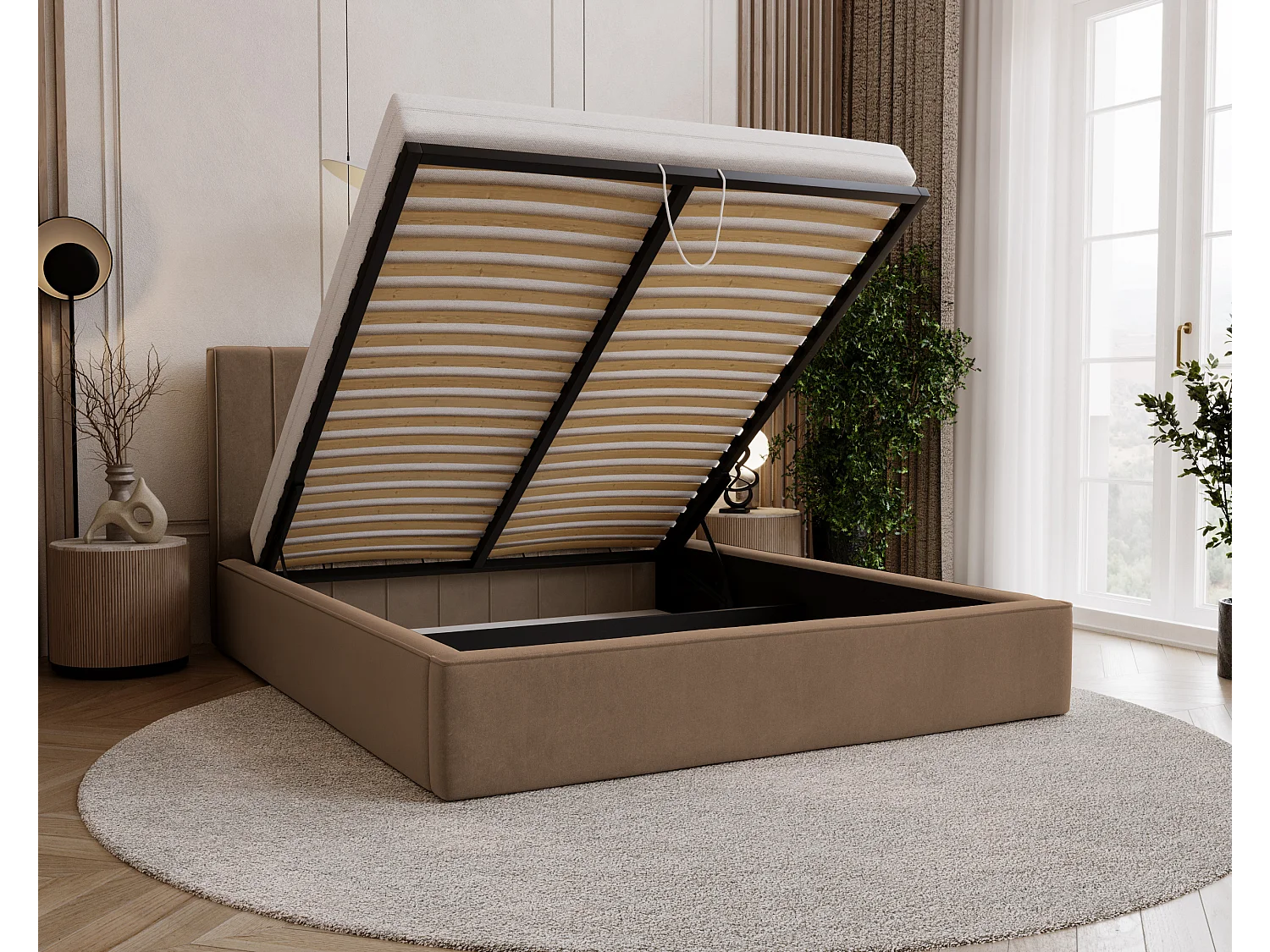 BESILIO Lit tapissé élégant 200x200 Persea – cadre en métal, coffre de rangement pour le linge de lit, passepoil décoratif – Marron