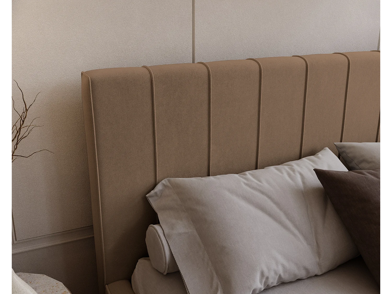 BESILIO Lit tapissé élégant 200x200 Persea – cadre en métal, coffre de rangement pour le linge de lit, passepoil décoratif – Marron