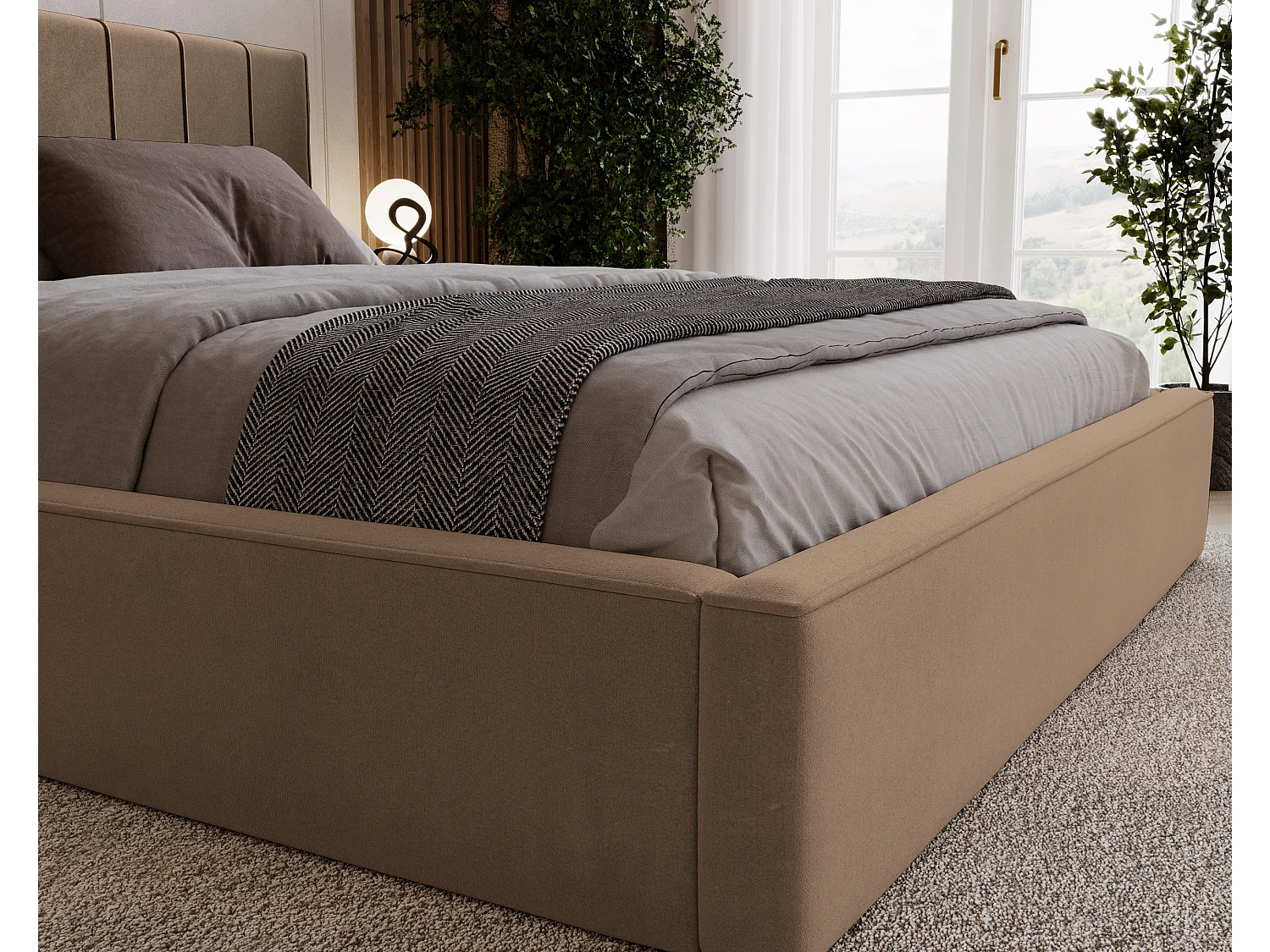 BESILIO Stilvolles Polsterbett 200x200 Persea – Metallrahmen, Bettkasten, dekorative Paspel – Braun