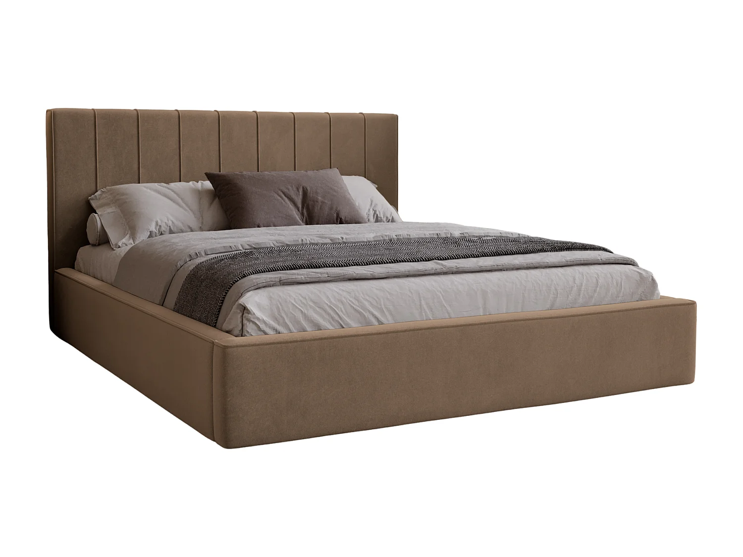 BESILIO Stilvolles Polsterbett 200x200 Persea – Metallrahmen, Bettkasten, dekorative Paspel – Braun