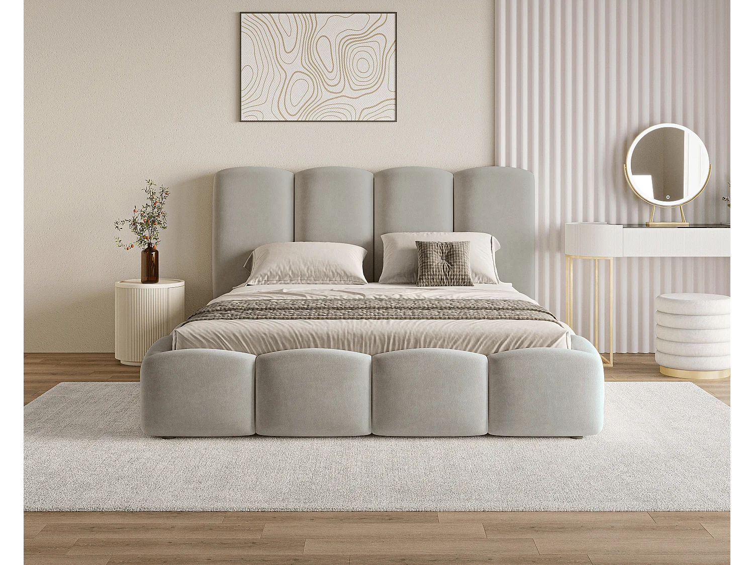 BESILIO Lit nuage avec coffre de rangement et sommier 120x200 Puffy – lit tapissé en velours – Gris clair