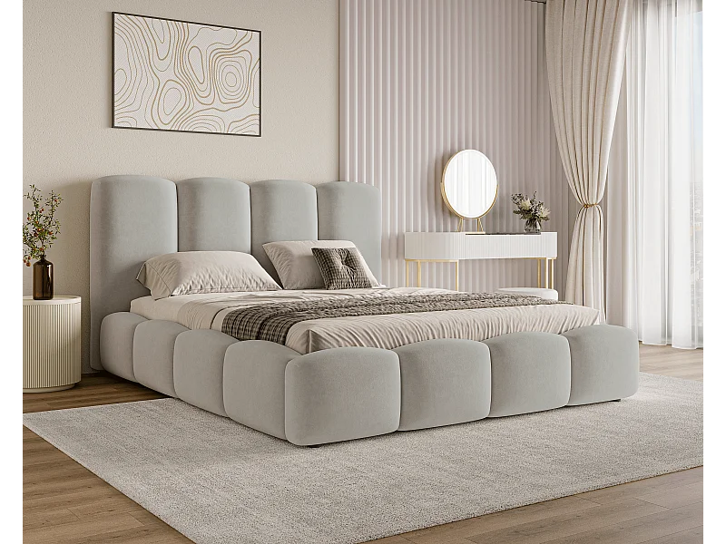 BESILIO Wolkenbett mit Stauraum und Lattenrost 120x200 Puffy – gepolstertes Samtbett – Hellgrau