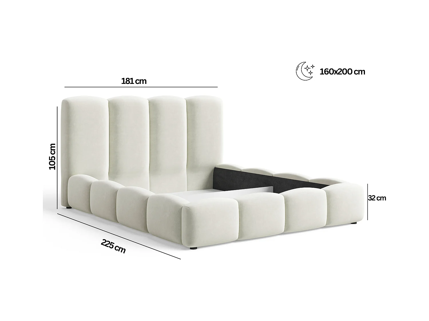 BESILIO Wolkenbed met opbergruimte en lattenbodem 180x200 Puffy – gestoffeerd fluwelen bed – Grijs