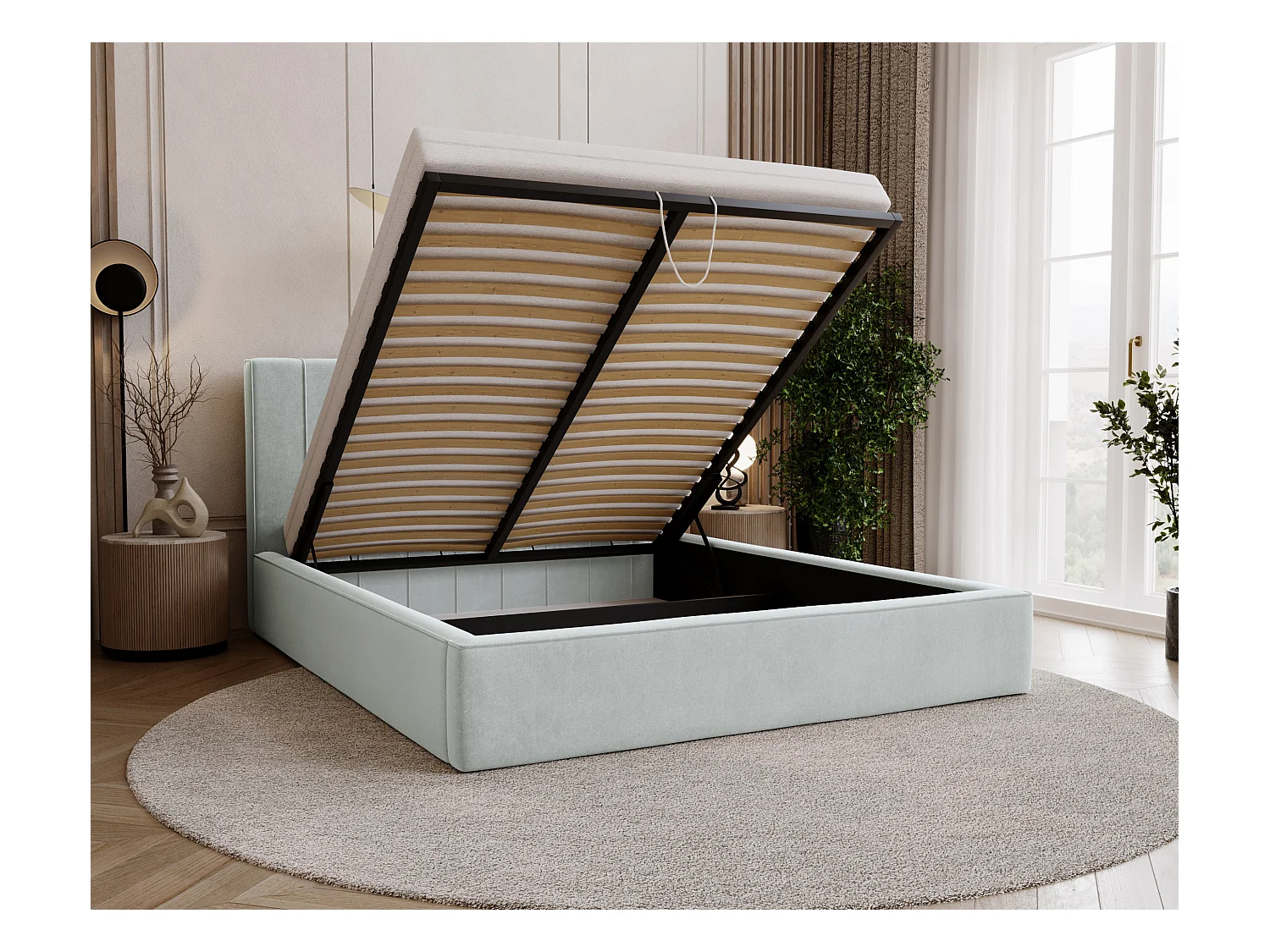 BESILIO Stylowe łóżko tapicerowane 180x200 Persea - stelaż metalowy, pojemnik na pościel, ozdobna lamówka - Jasnoszary