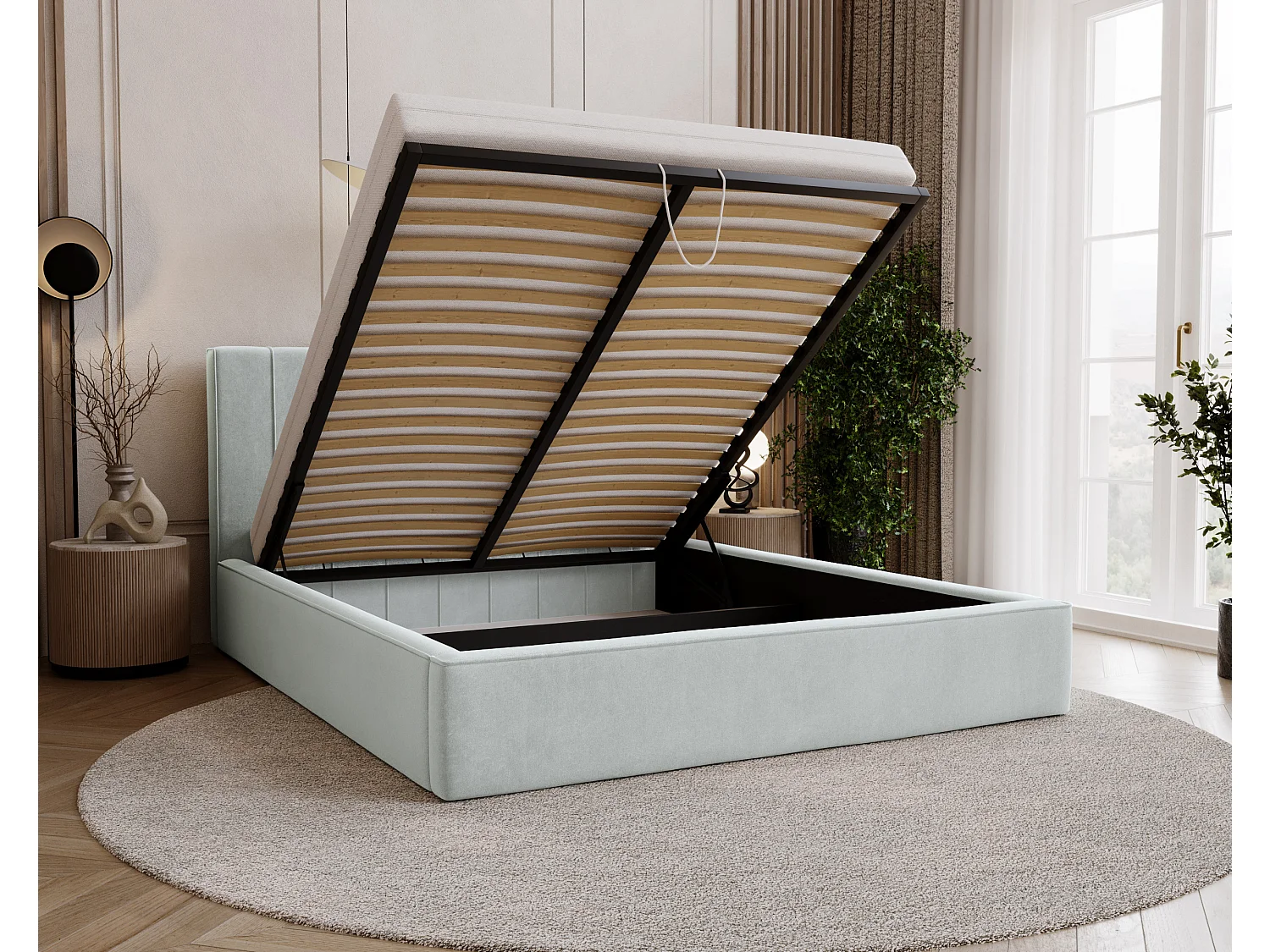 BESILIO Lit tapissé élégant 180x200 Persea – cadre en métal, coffre de rangement pour le linge de lit, passepoil décoratif – Gris clair