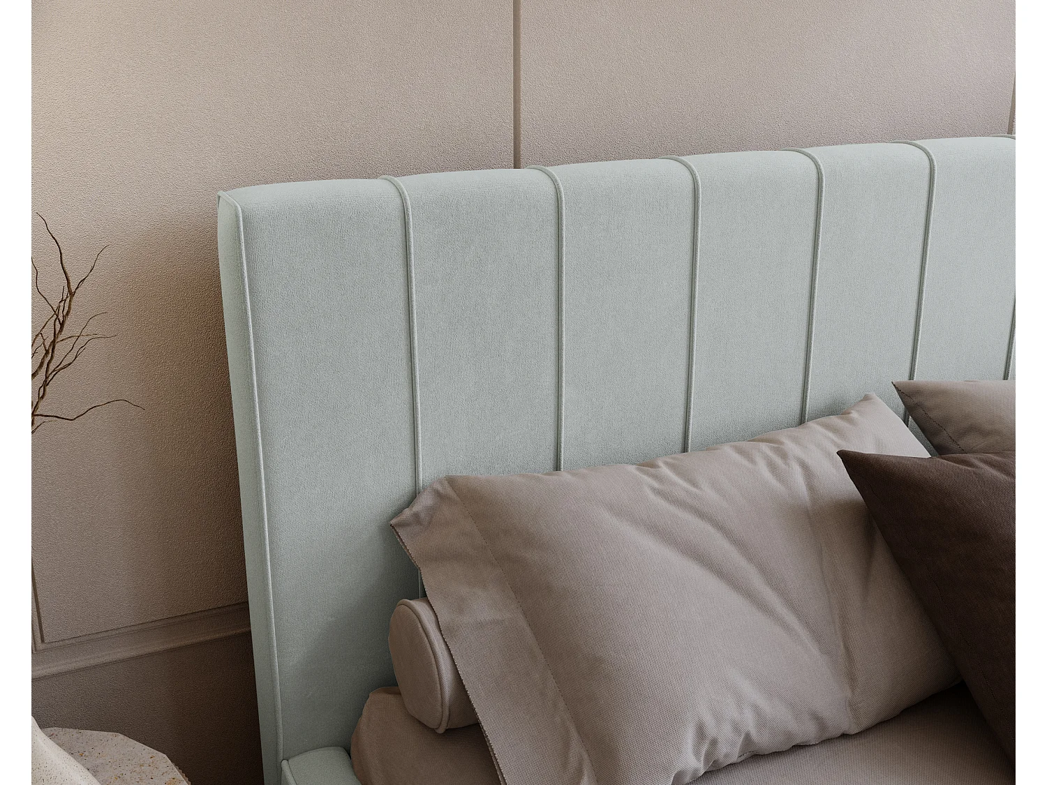 BESILIO Lit tapissé élégant 180x200 Persea – cadre en métal, coffre de rangement pour le linge de lit, passepoil décoratif – Gris clair