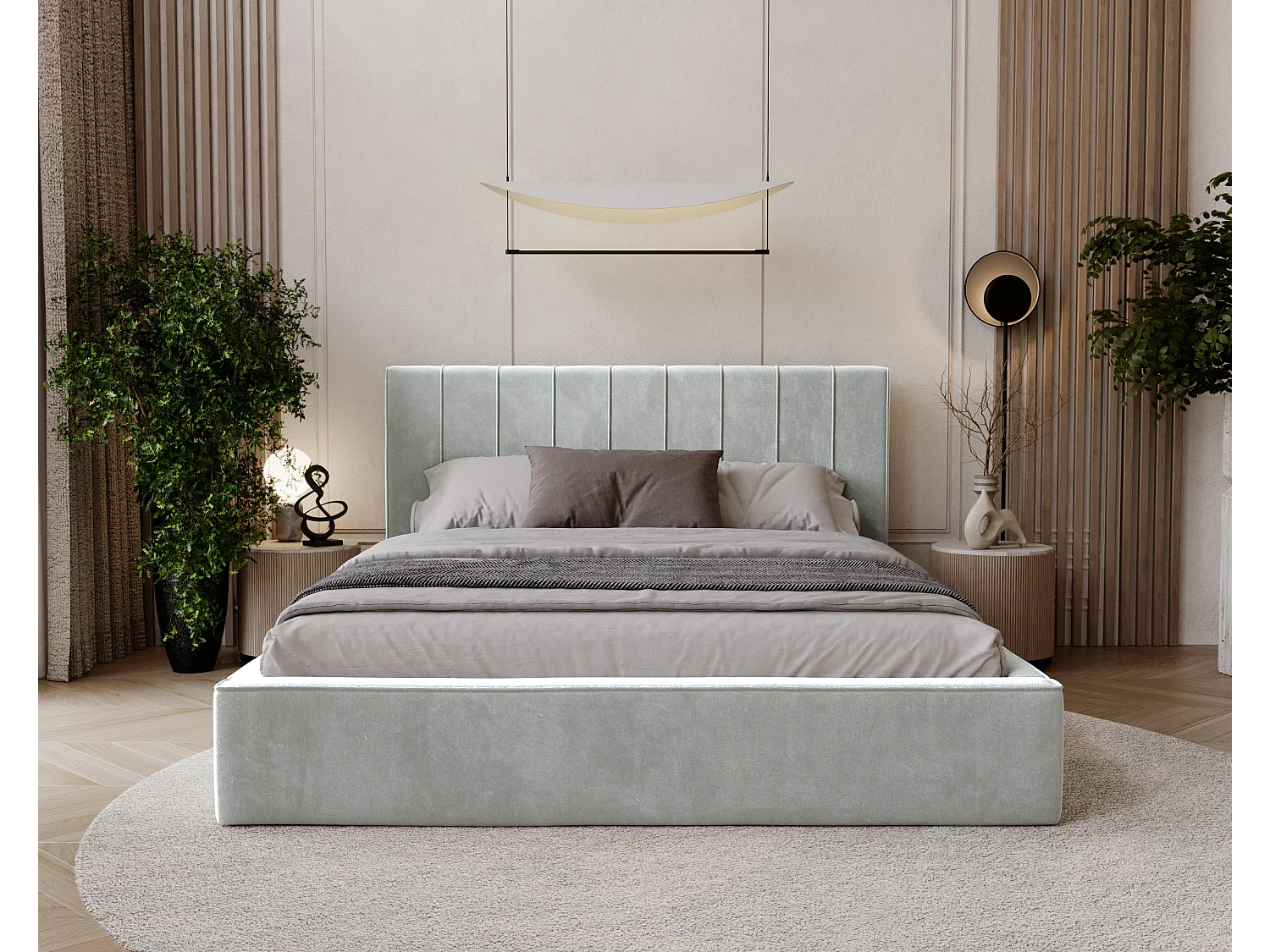 BESILIO Lit tapissé élégant 180x200 Persea – cadre en métal, coffre de rangement pour le linge de lit, passepoil décoratif – Gris clair