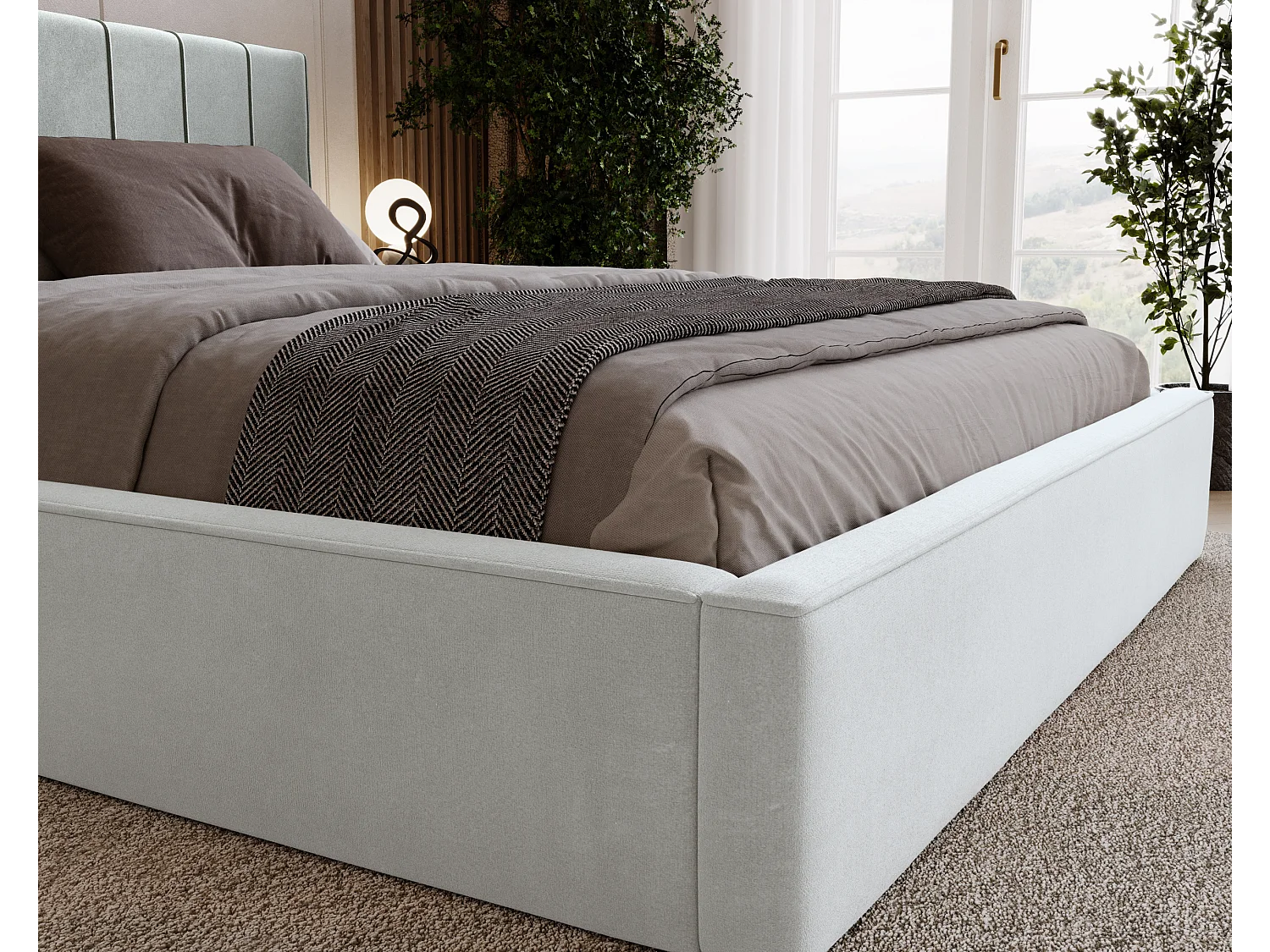 BESILIO Lit tapissé élégant 180x200 Persea – cadre en métal, coffre de rangement pour le linge de lit, passepoil décoratif – Gris clair