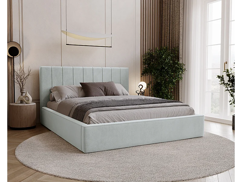 BESILIO Stijlvol gestoffeerd bed 180x200 Persea – metalen frame, opbergruimte voor beddengoed, decoratieve bies – Lichtgrijs