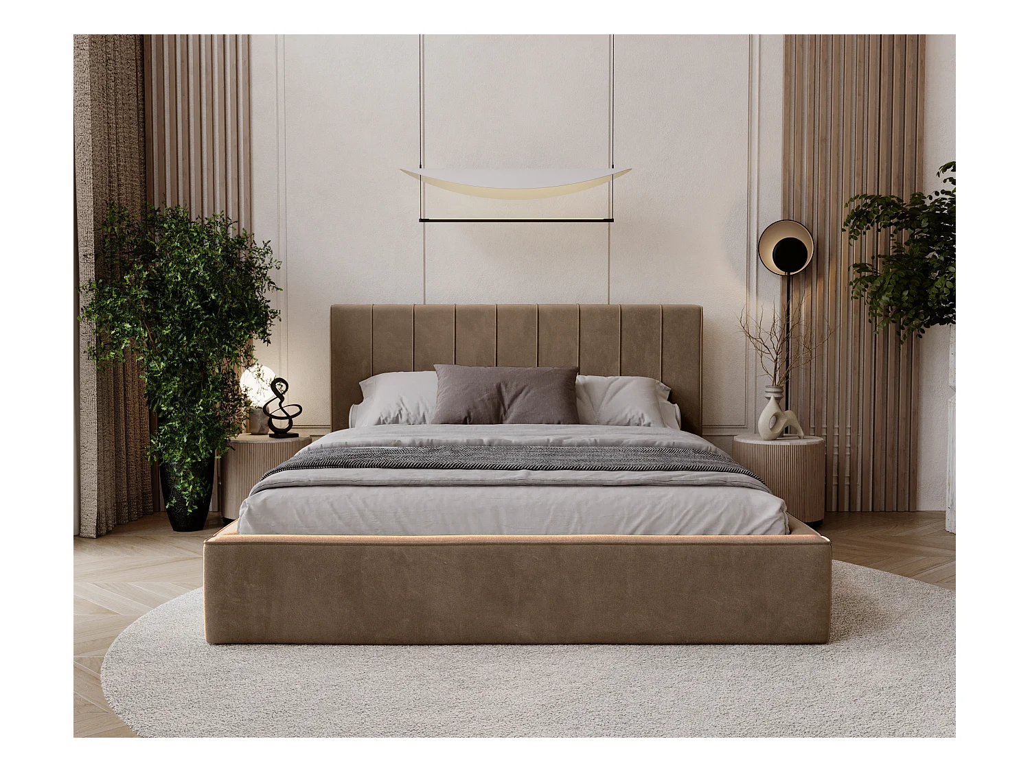 BESILIO Stylowe łóżko tapicerowane 160x200 Persea - stelaż metalowy, pojemnik na pościel, ozdobna lamówka - Brązowy