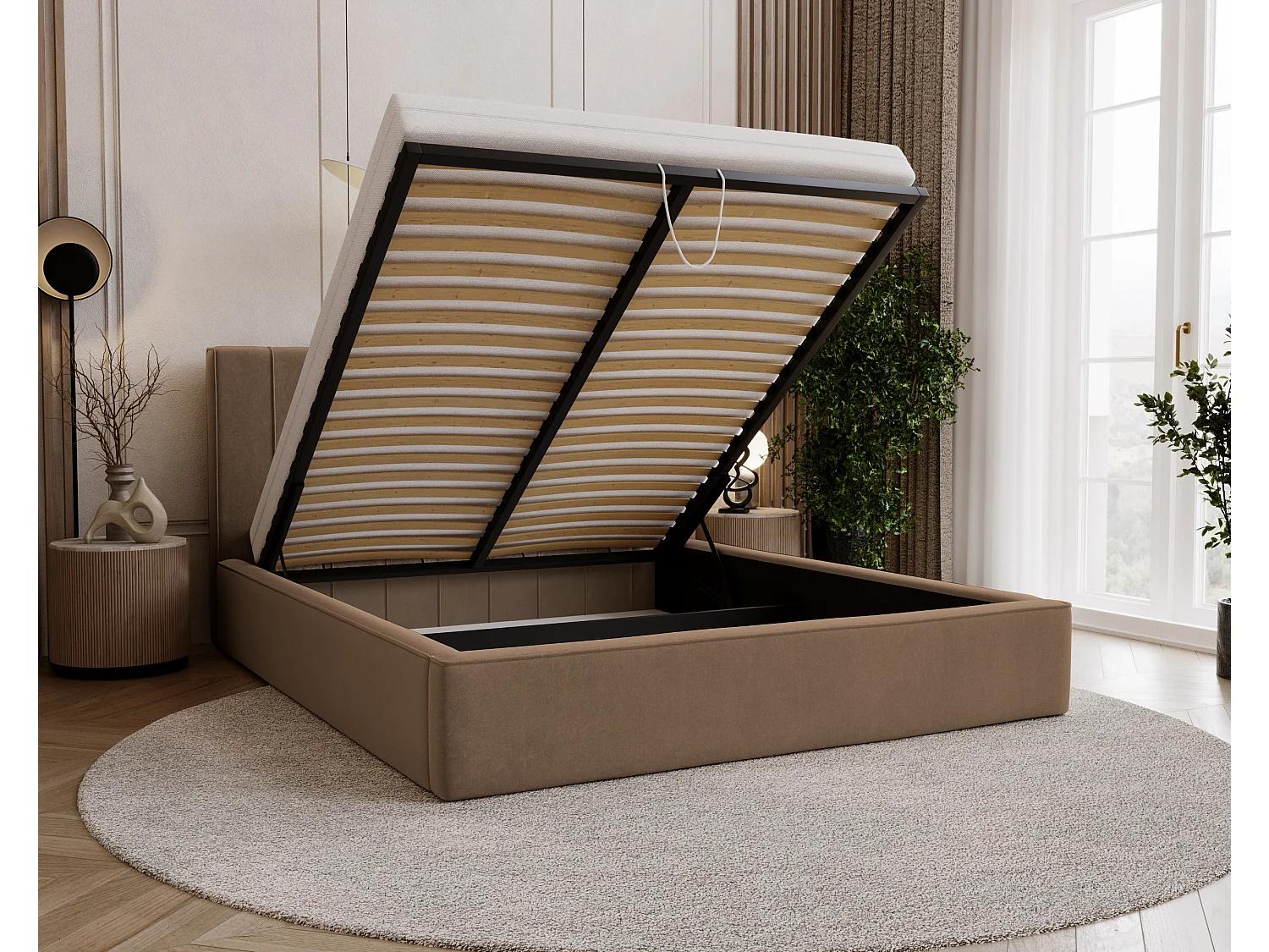 BESILIO Lit tapissé élégant 160x200 Persea – cadre en métal, coffre de rangement pour le linge de lit, passepoil décoratif – Marron