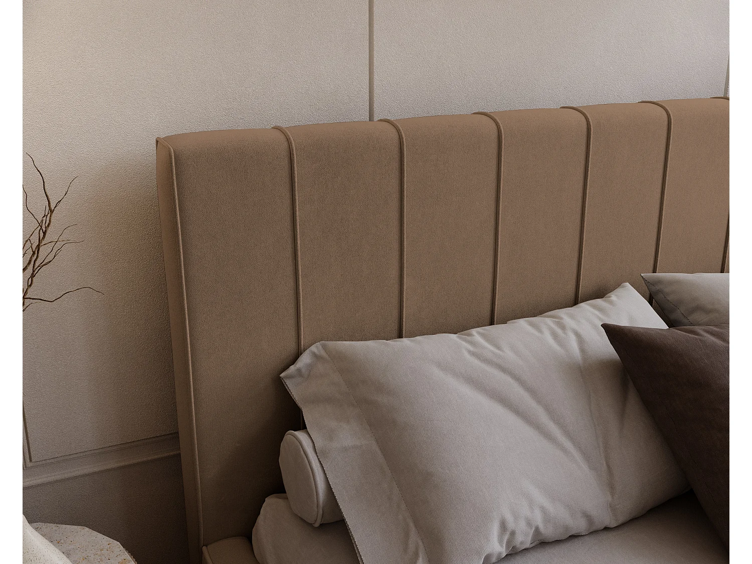 BESILIO Lit tapissé élégant 160x200 Persea – cadre en métal, coffre de rangement pour le linge de lit, passepoil décoratif – Marron