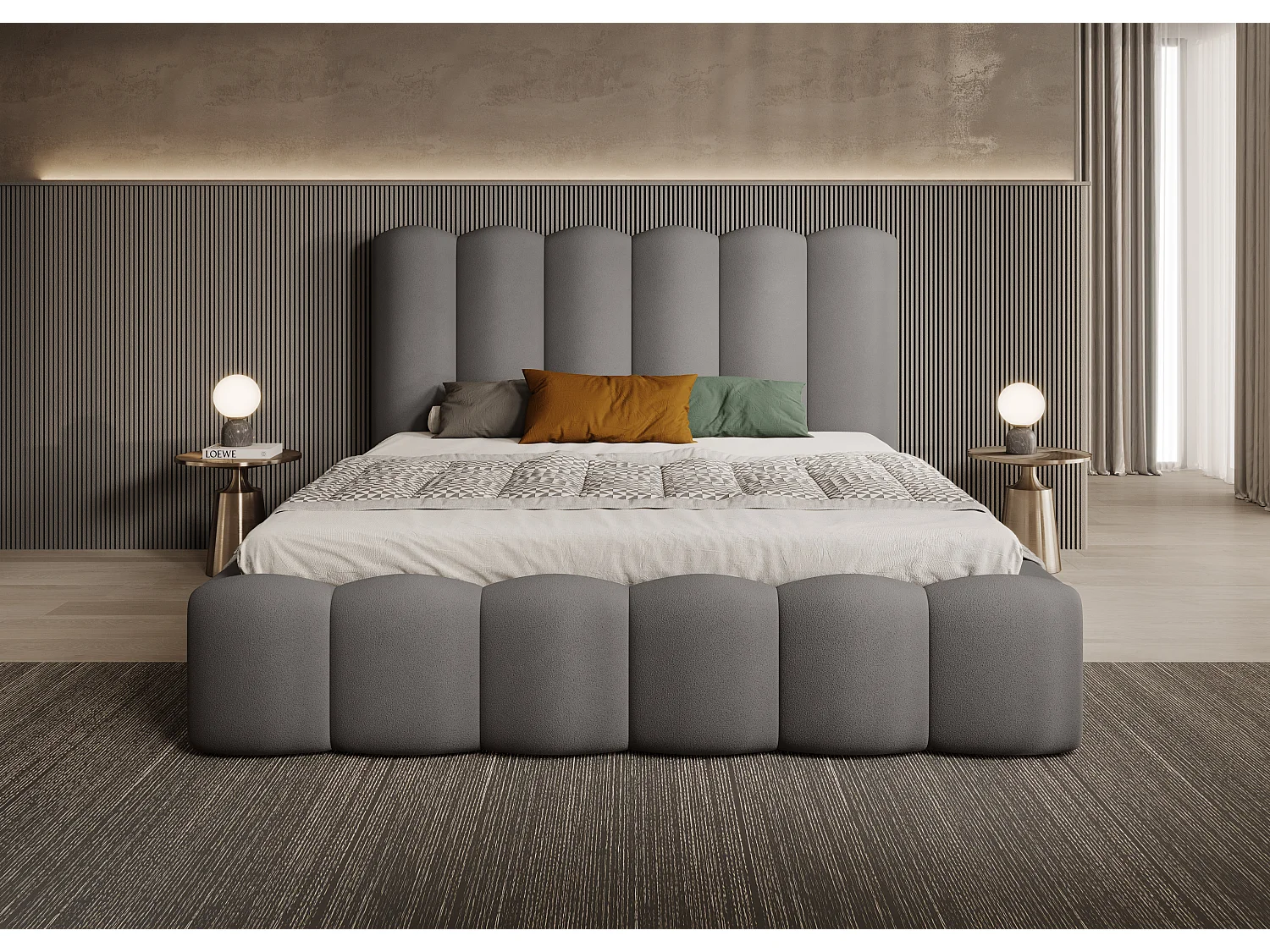 BESILIO Lit tapissé avec coffre de rangement et sommier 200x200 Tessa – lit en velours pour la chambre – Gris
